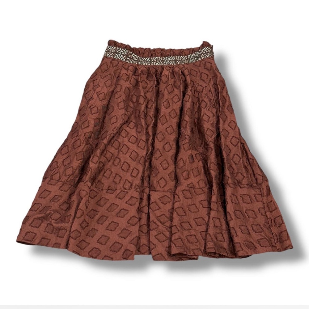 MAEVE Anthropologie Chocolate Brown Appliqué Embroidered Boho Midi Skirt 4 - Picture 4 of 8